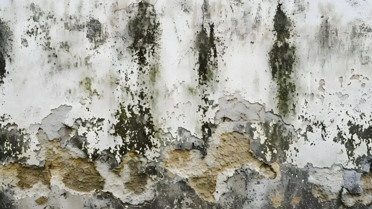 Black and green mold on a peeling painted wall