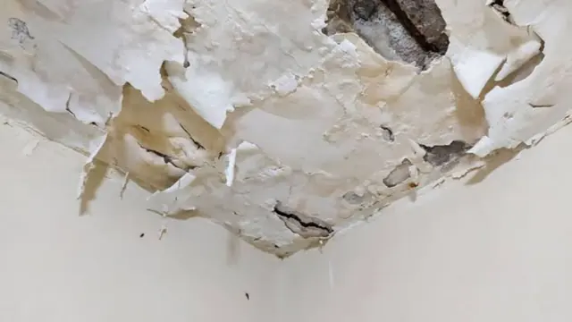 Peeling paint and damaged plaster on a water-damaged ceiling