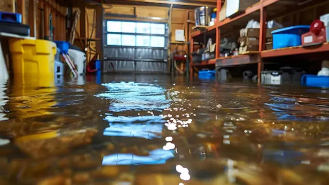 Standing water on a garage floor in front of shelves and a garage door