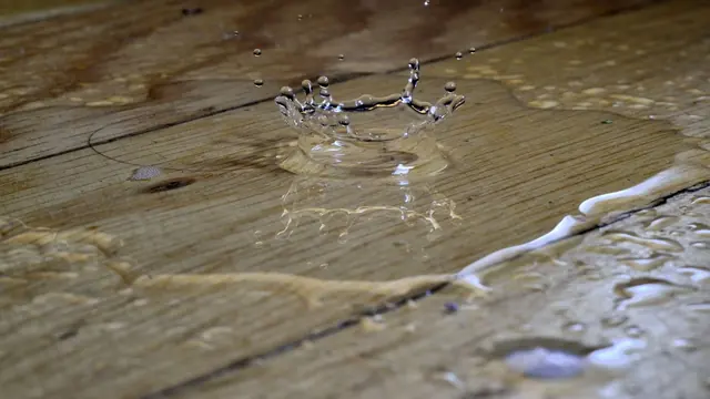 Water droplet on a wet wood floor with boards beginning to lift