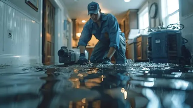 Technician setting up equipment in a flooded hallway
