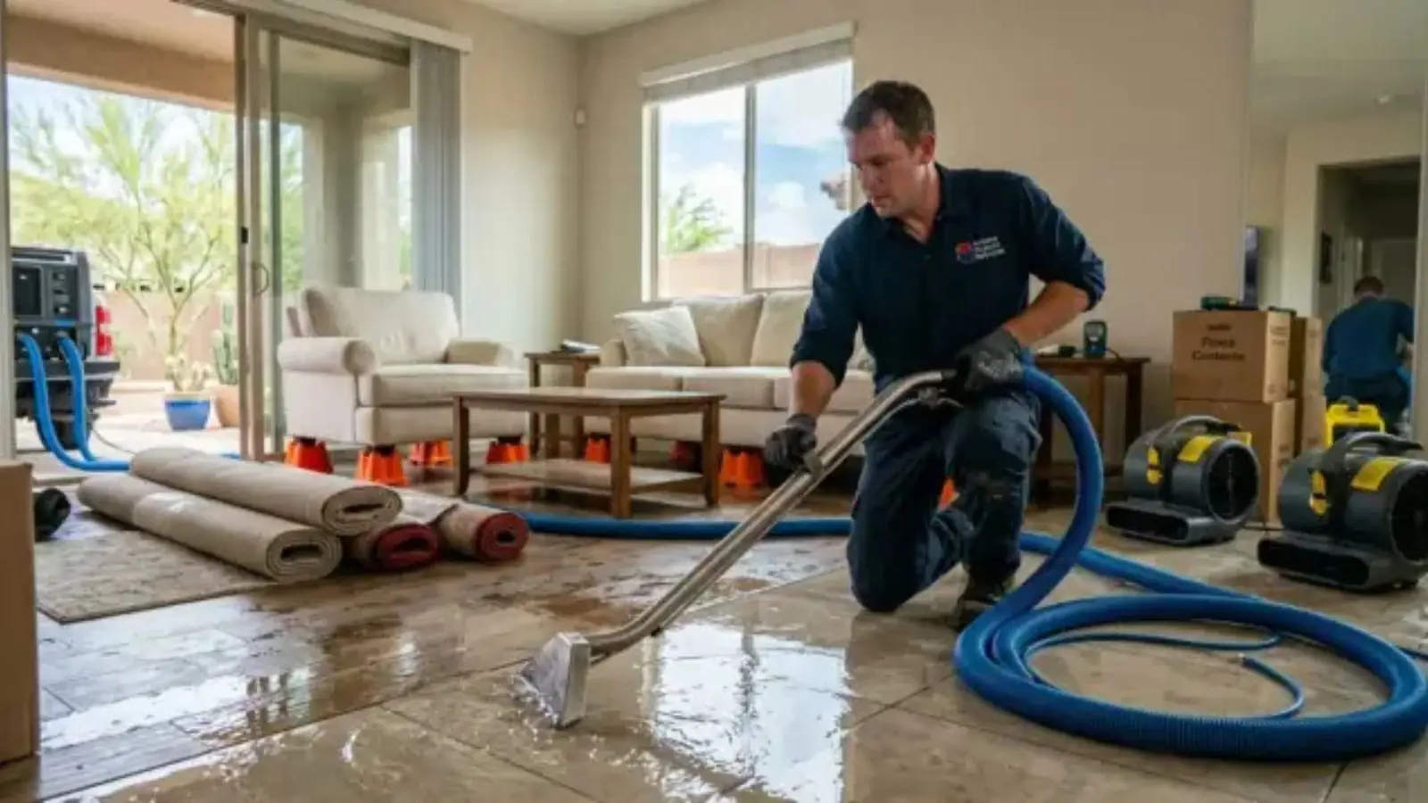 Technician extracting standing water from a living room floor with a hose and air movers